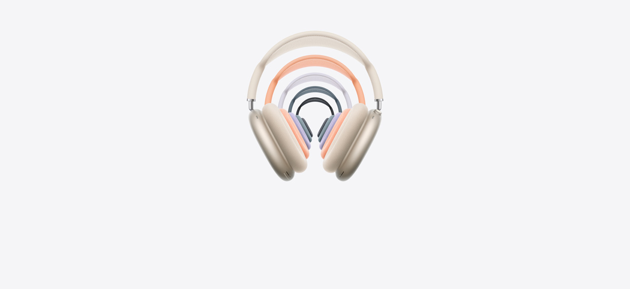 Слушалки над ушите AirPods Max 2, поглед отпред, подредени в различни цветове, мрежеста поставка за главата и възглавнички от пяна, Digital Crown и бутон за режим на слушане.
