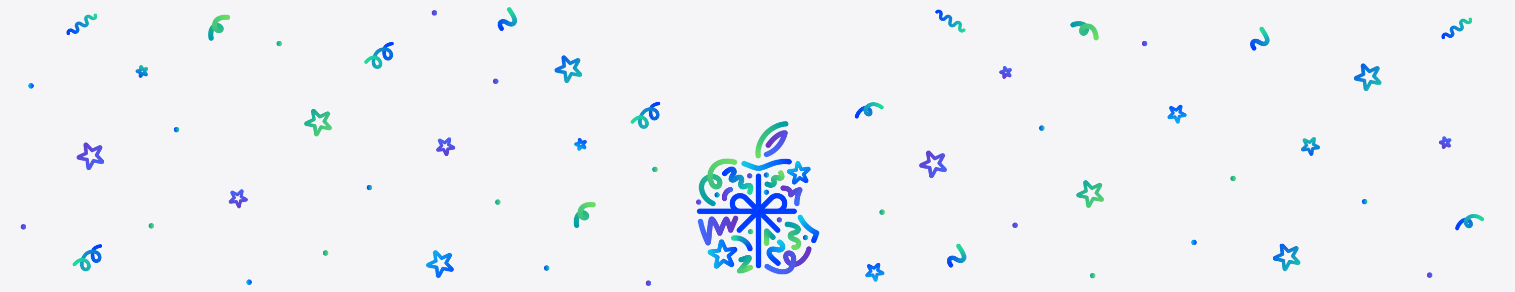 Formas de pontos, rabiscos, espirais e estrelas em diferentes tons de azul, verde e roxo saem de trás do logotipo da Apple, envolvido por um laço azul e formado por pontos, rabiscos, espirais e estrelas em diferentes tons de azul, verde e roxo