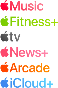 Apple subscription services logotypes including Apple Music, Fitness+, Apple TV, Apple News+, Apple Arcade, iCloud+