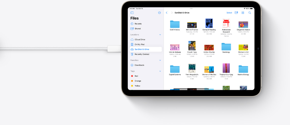 Filer på iPad mini i vandret position tilsluttet et USB-C-kabel.