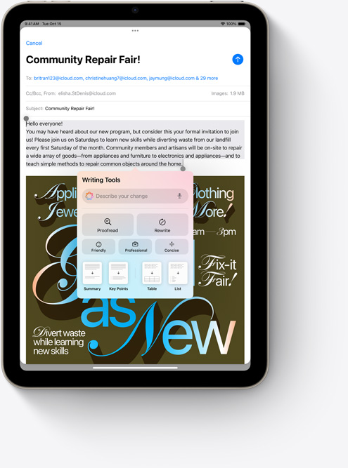 iPad mini, der viser Skriveværktøjer i Mail, en ny Apple Intelligence-funktion.