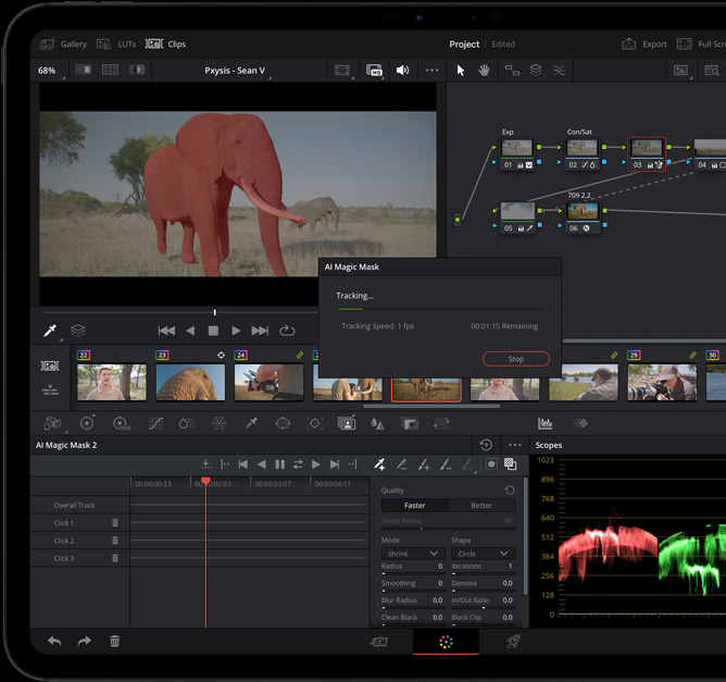 iPad Pro, face avant, noir sidéral, écran affichant une app de montage vidéo avec des timelines et des commandes, suivi en cours de l’outil Magic Mask d’IA, application d’effets spéciaux à un plan vidéo d’éléphants