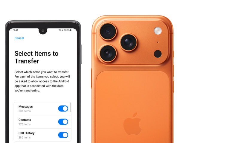 Egy androidos telefon, melynek kijelzőjén a Váltás az iOS-re app látható, mellette egy iPhone 17 Pro hátulnézetből, Pro Fusion kamerarendszerrel, 3 objektívvel, mikrofonnal és vakuval