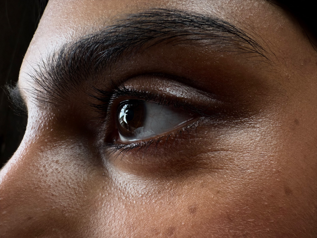 Una mujer en medio de una habitación vacía mientras la fotografían. Vista ampliada de un lado de la cara de una mujer que destaca sus ojos, la distancia focal de la imagen se va alternando en la app Fotos para mostrar las capacidades del sistema de cámaras Pro: macro