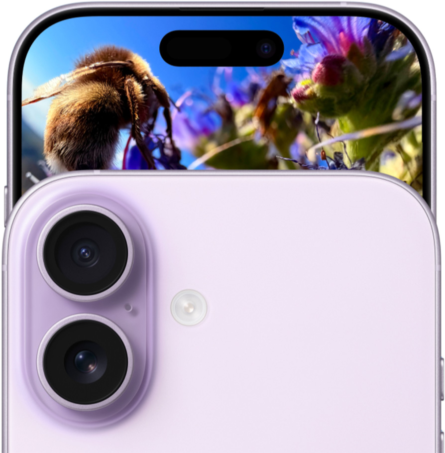 iPhone 17 front exterior with Dual Fusion Camera System, rear exterior, lavender colour.