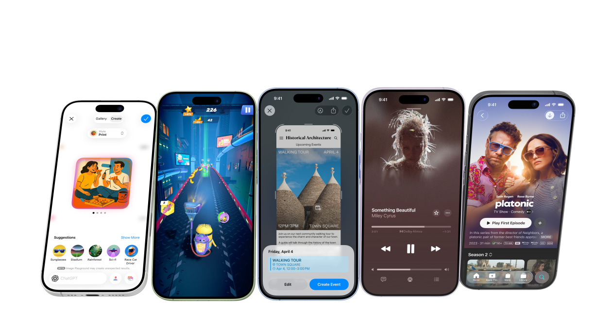 様々なカラーのiPhone 17デバイス。画面には様々なアプリが表示されている