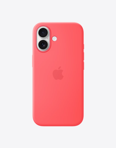 iPhone 17 vist bagfra med gult silikone-etui, Fusion-dobbeltkamerasystem i øverste venstre hjørne og Apple-logo i midten