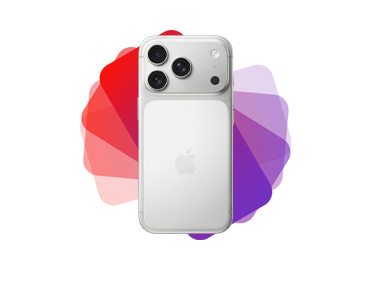 iPhone 17 Pro, back exterior, iPhone silhouette fans out from behind into spectrum of purple and red colors