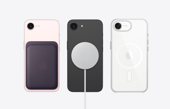 جهاز iPhone 17e، الجانب الخلفي الخارجي، اكسسوارات MagSafe مثبتة على الجهاز