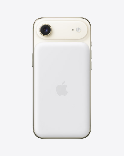 جهاز iPhone Air، الجزء الخلفي الخارجي، لون ذهبي فاتح، مثبّت عليه بطارية MagSafe