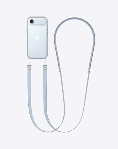 라이트 그레이 색상 범퍼를 씌우고 크로스바디 스트랩을 연결한 iPhone Air 뒷면