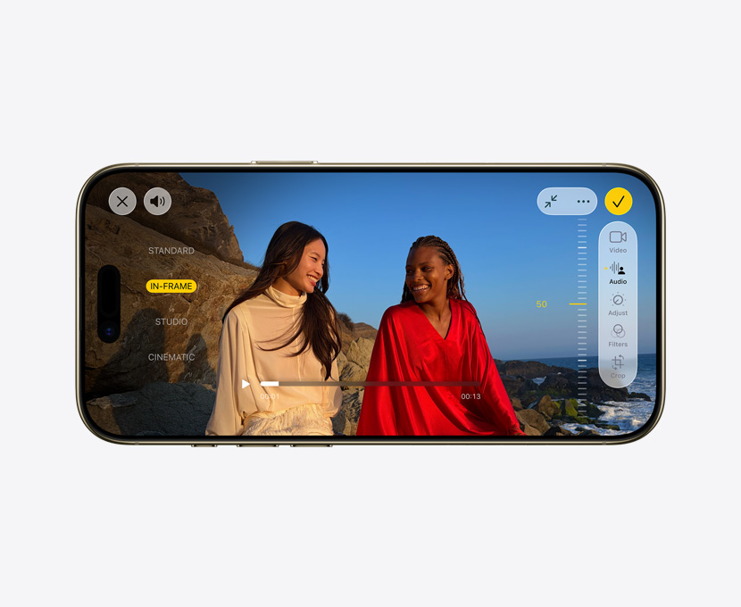iPhone Air 機身正面展示使用混音功能的 Pro 影片