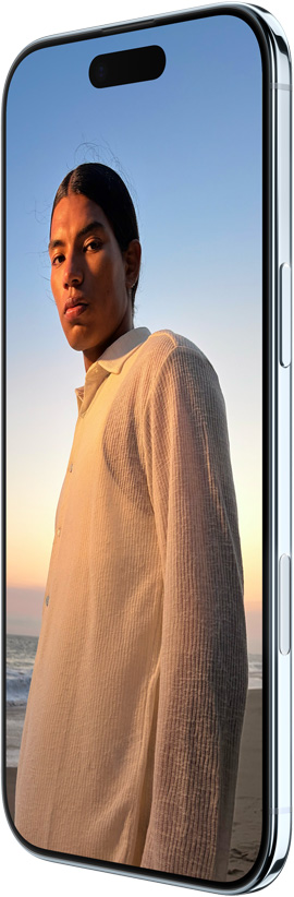 상단의 Dynamic Island가 보이는 전면 화면 디자인, 측면 버튼, 카메라 컨트롤 버튼이 보이는 iPhone Air의 앞면과 옆면