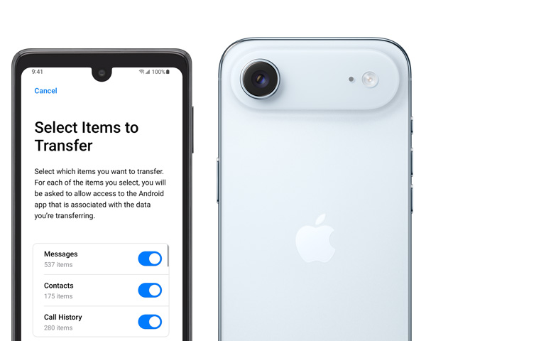 裝置並排擺放，Android 螢幕展示「轉移至 iOS」app；iPhone Air 機身背面，展示擴展平台上的融合相機系統、相機閃光燈。