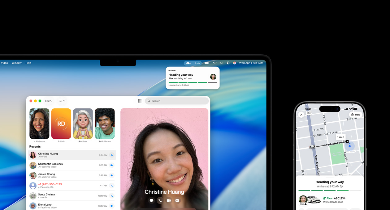 A MacBook Pro and iPhone side by side, MacBook Pro screen displays the Phone app and Live Activities from the Uber app, iPhone shows the Uber app