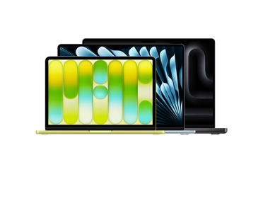 Three MacBook products: 13-inch MacBook Neo, open lid, citrus color, Liquid Retina display, rounded raised feet, 15-inch MacBook Air, open lid, sky blue color, rounded raised feet, 16-inch MacBook Pro, open lid, space black color, rounded raised feet