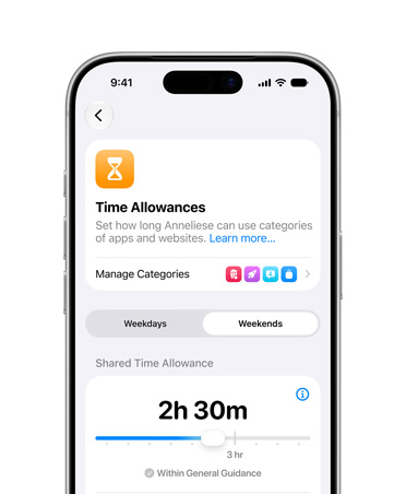 iPhone 17 Pro, Silver, screen shows Time Allowance and Screen Time Schedule options in Settings to allow time and media categories for their child