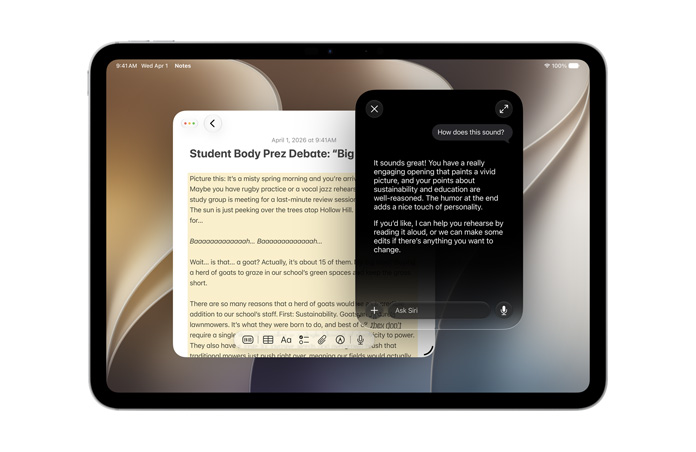 iPad Pro 11, Silver, front screen displaying Notes app with text, query to Siri AI to create new content