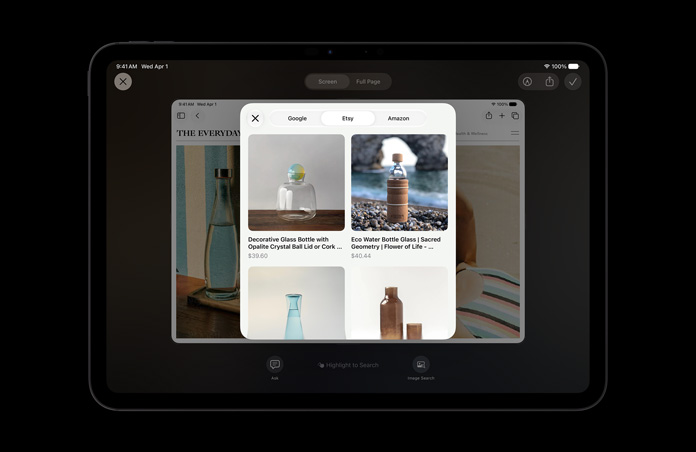 iPad Pro 11, Space Black, screen shows image of products in response to Visual Intelligence onscreen query about glass bottles, Ask or Image Search buttons displayed under images