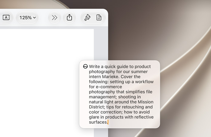 MacBook screen displaying Edit with Siri box hovering over untitled document describing a photography workflow to a new team member