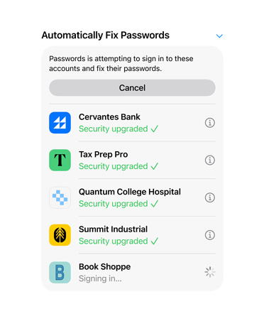 Screen showing password fix feature for five passwords with examples of status, including security upgraded and signing in