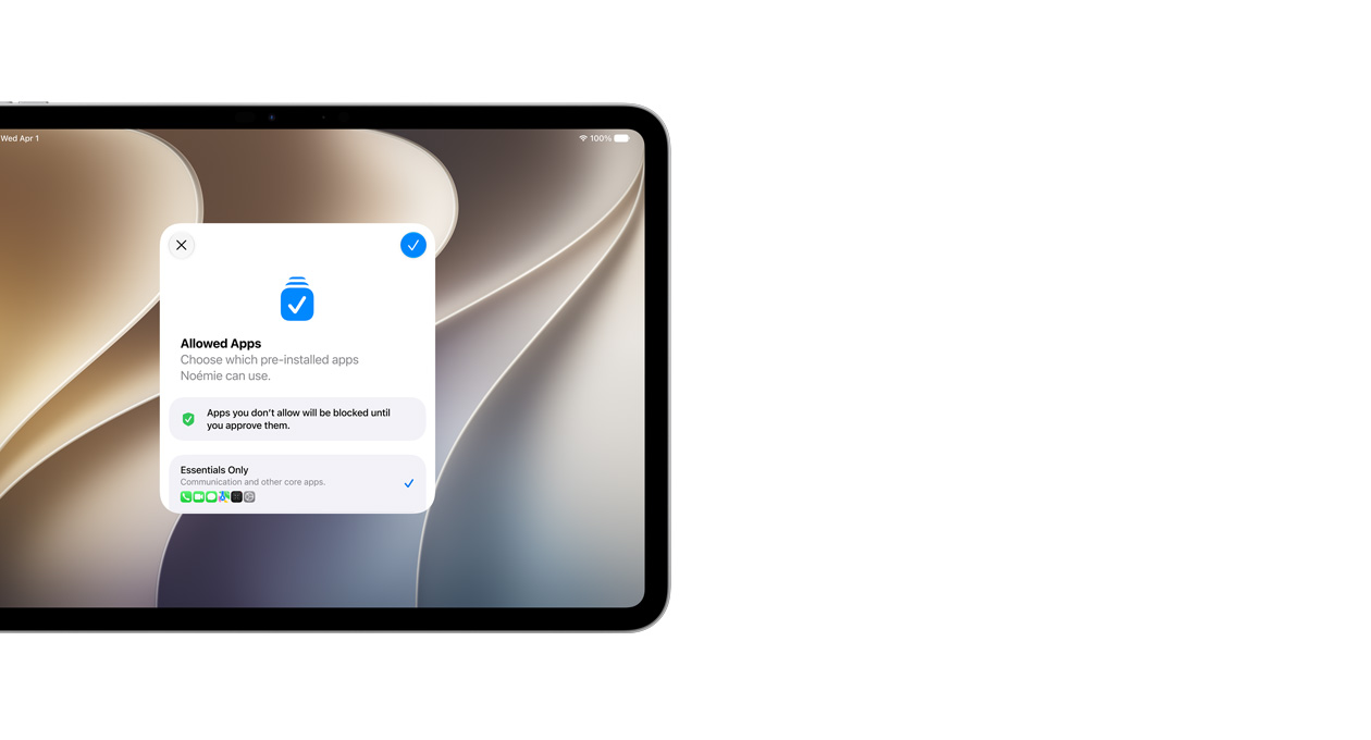 iPad Pro 11, Silver, screen shows Setup Assistant app with selection of apps that a parent can choose for their child