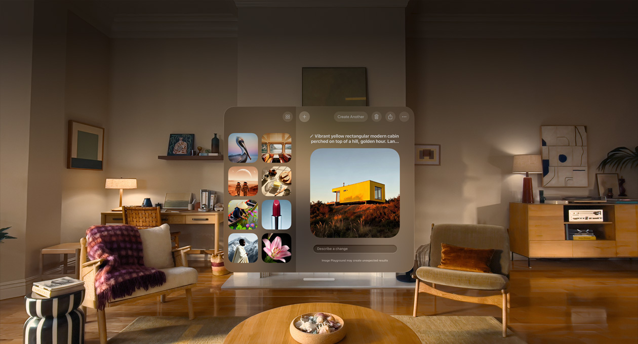 Apple Vision Pro view of Image Playground being used, image of yellow cabin on top of hill being modified, prompt below image reads: Describe a change