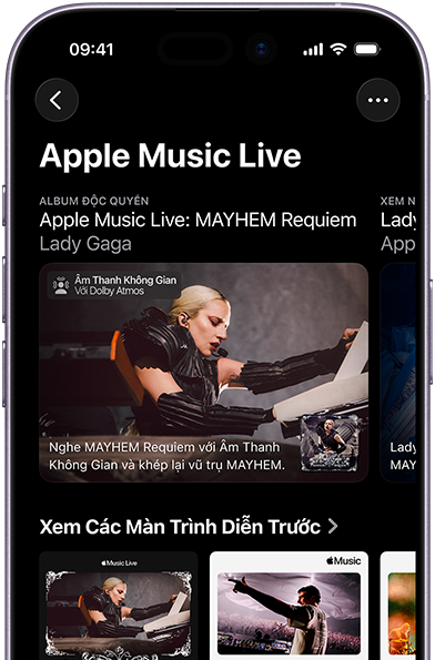 Apple Music Live screen on iPhone showing Watch Now and past performances