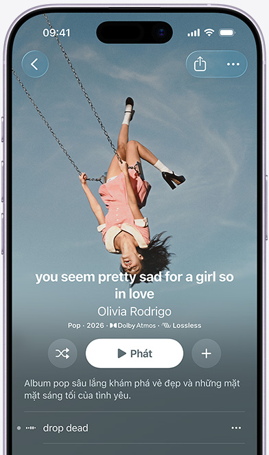 iPhone screen displaying the Olivia Rodrigo album "you seem pretty sad for a girl so in love" on Apple Music