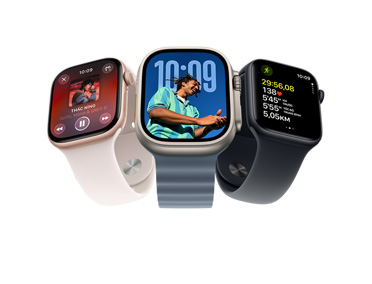 Three Apple Watch devices: Apple Watch Series 11, rose gold color, aluminum case, Apple Music, playlist controls, right side exterior, Digital Crown, light blush color Sport Band, silver pin-and-tuck closure, Apple Watch Ultra 3, natural color, titanium case, edge-to-edge display, photo overlaid on time, right side exterior, Digital Crown, anchor blue color Ocean Band, tubular fluoroelastomer rubber, Apple Watch SE 3, aluminum case, midnight color, right side exterior, Digital Crown, advanced Outdoor Run workout metrics