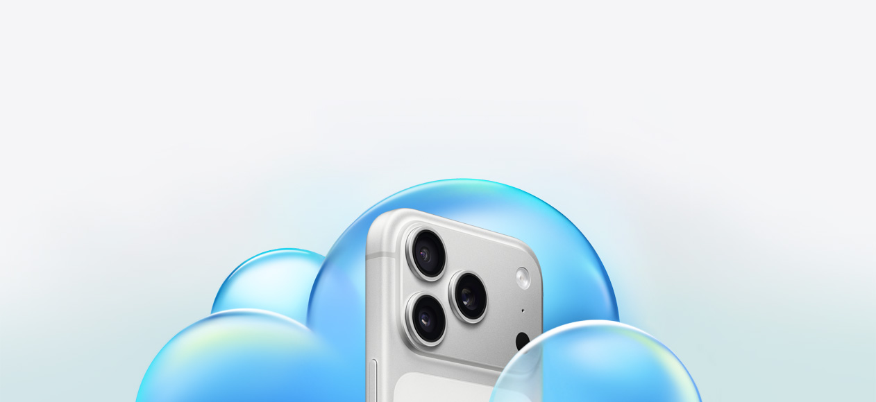 iCloud+ logo at top with iPhone 17 Pro in silver positioned inside a translucent blue cloud graphic.