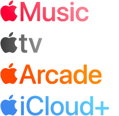 Apple subscription services logotypes including Apple Music, Apple TV, Apple Arcade, iCloud+