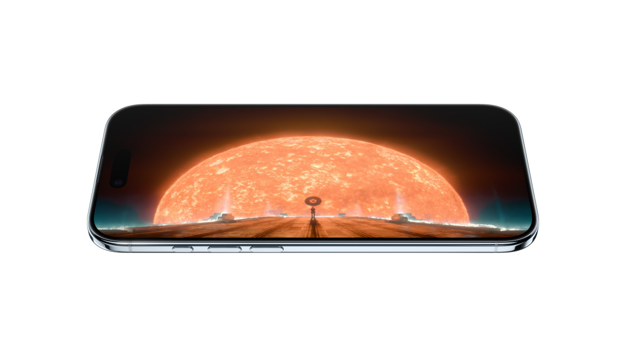 iPhone Air, front exterior, side exterior, showing static of scene from Apple TV series Foundation