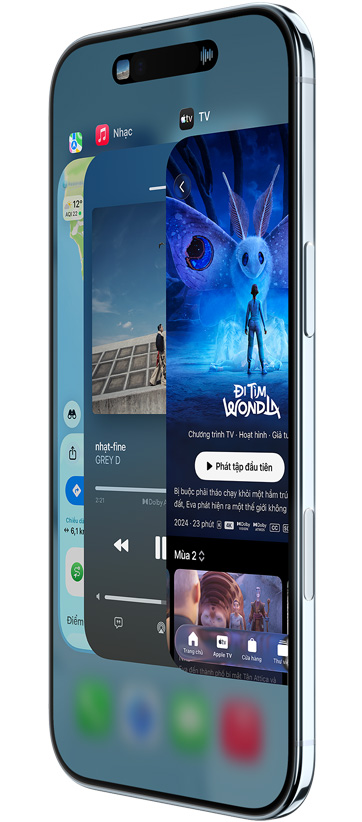 iPhone Air, front exterior, side exterior, with Maps, Music, and Apple TV apps, showcasing the App Switcher feature in use